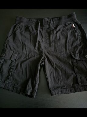 Men's Black Cargo Drawstring Shorts 100% Cotton. Size L